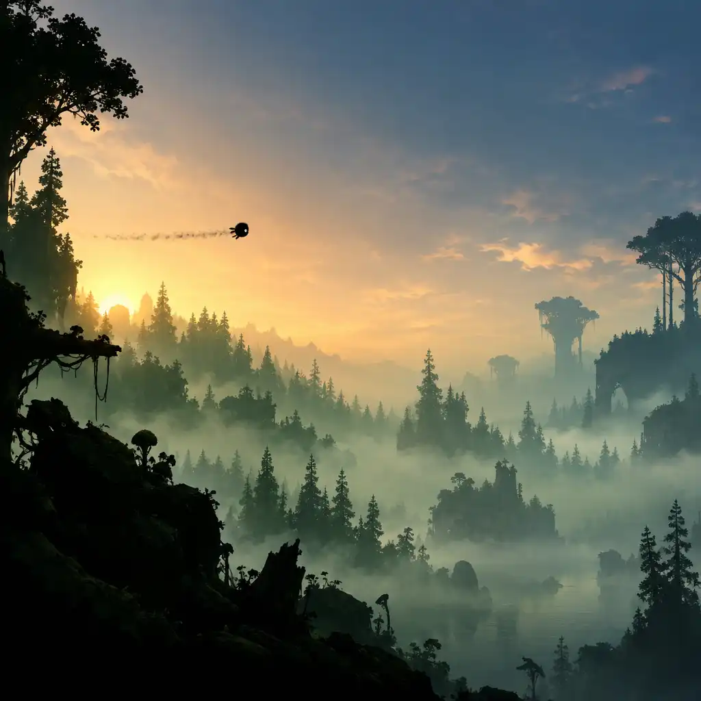 Klimatyczny krajobraz z gry BADLAND: mglisty las o wschodzie słońca z warstwami sylwetek drzew