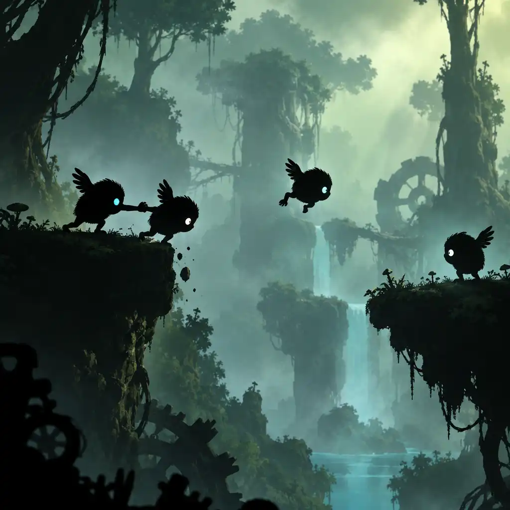 Cztery postacie w BADLAND multiplayer wchodzące w interakcje: popychanie, skakanie i blokowanie