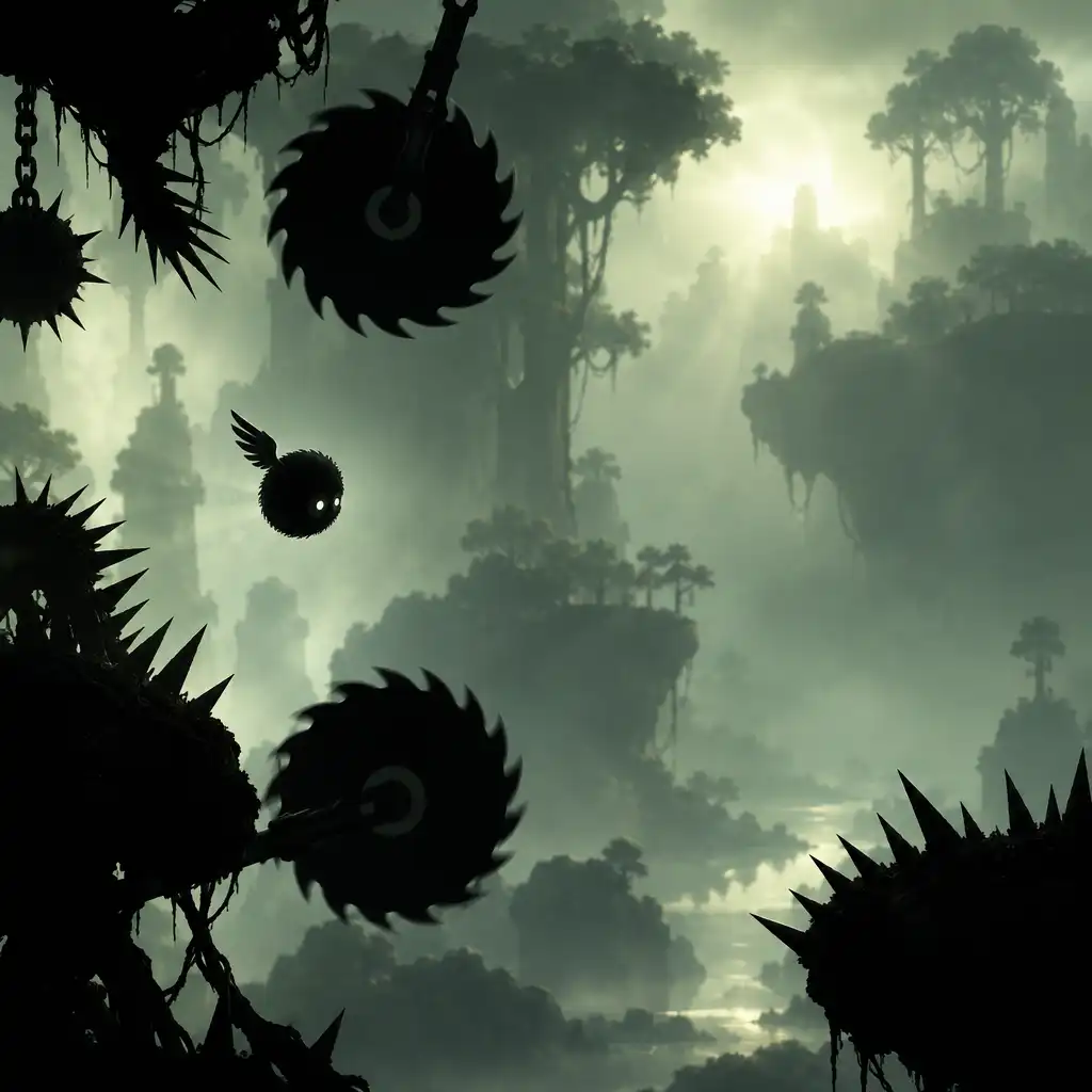 Poziom multiplayer w BADLAND z widocznymi pułapkami: kolcami, piłami i spadającymi obiektami