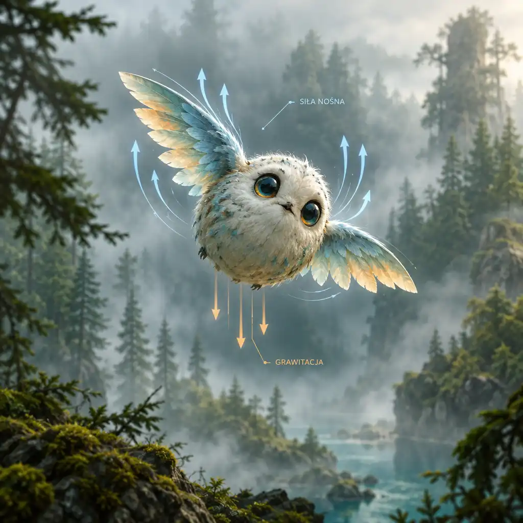 Ilustracja przedstawiająca małe stworzenie z dwoma skrzydełkami unoszące się w powietrzu w lesie, z widocznymi wektorami sił grawitacji i siły nośnej